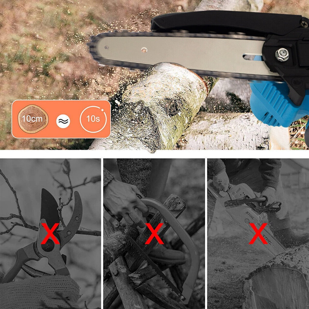 2 Batteries 6'' 4000W Mini Cordless Chainsaw Electric One-Hand Saw Wood Cutter