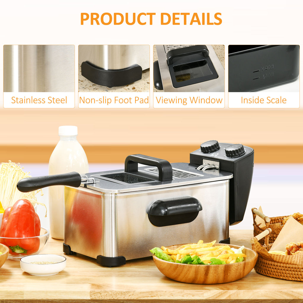 3 Litre Stainless Steel Deep Fat Fryer With Adjustable Temp, 60min Timer, Viewing Window And Safety Cut Out, 2000W