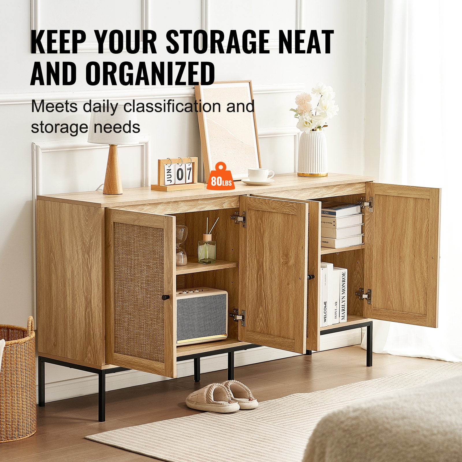 Rattan Cabinet, Rattan Storage Cabinet With 4 Magnetic Doors And Adjustable Shelves