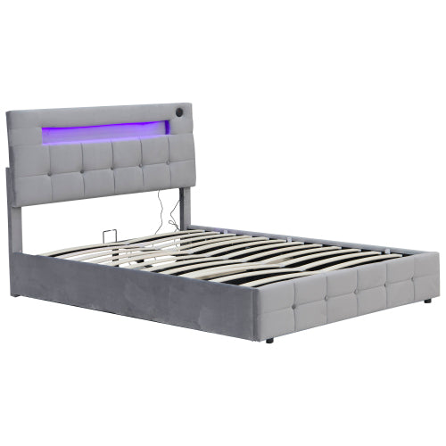 4ft6 Double Upholstered Bed Frame With Hydraulic Storage, Velvet Ottoman Bed With LED Lighting And Charging Station, Double Bed With Adjustable Button Tufted Headboard, Beige