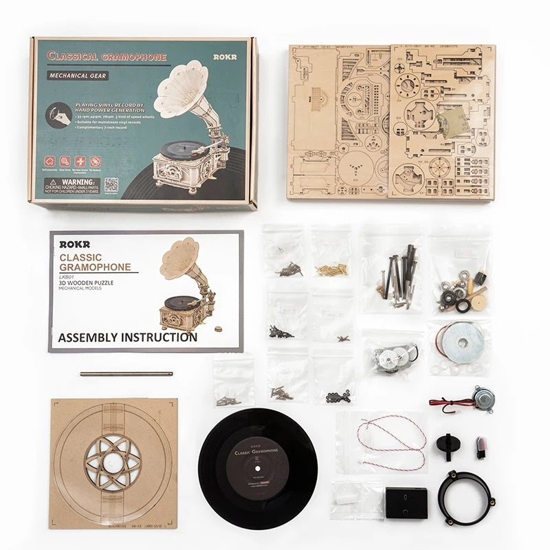 DIY Hand Crank Classic Gramophone Wooden Puzzle