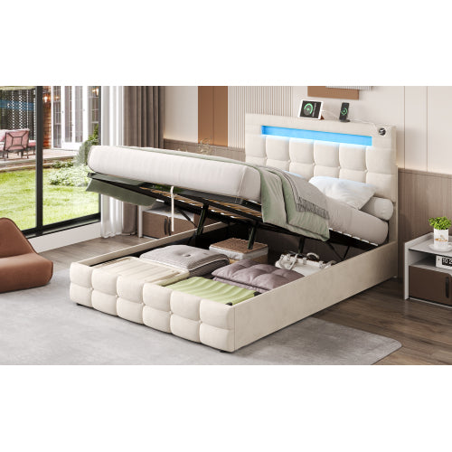 4ft6 Double Upholstered Bed Frame With Hydraulic Storage, Velvet Ottoman Bed With LED Lighting And Charging Station, Double Bed With Adjustable Button Tufted Headboard, Beige