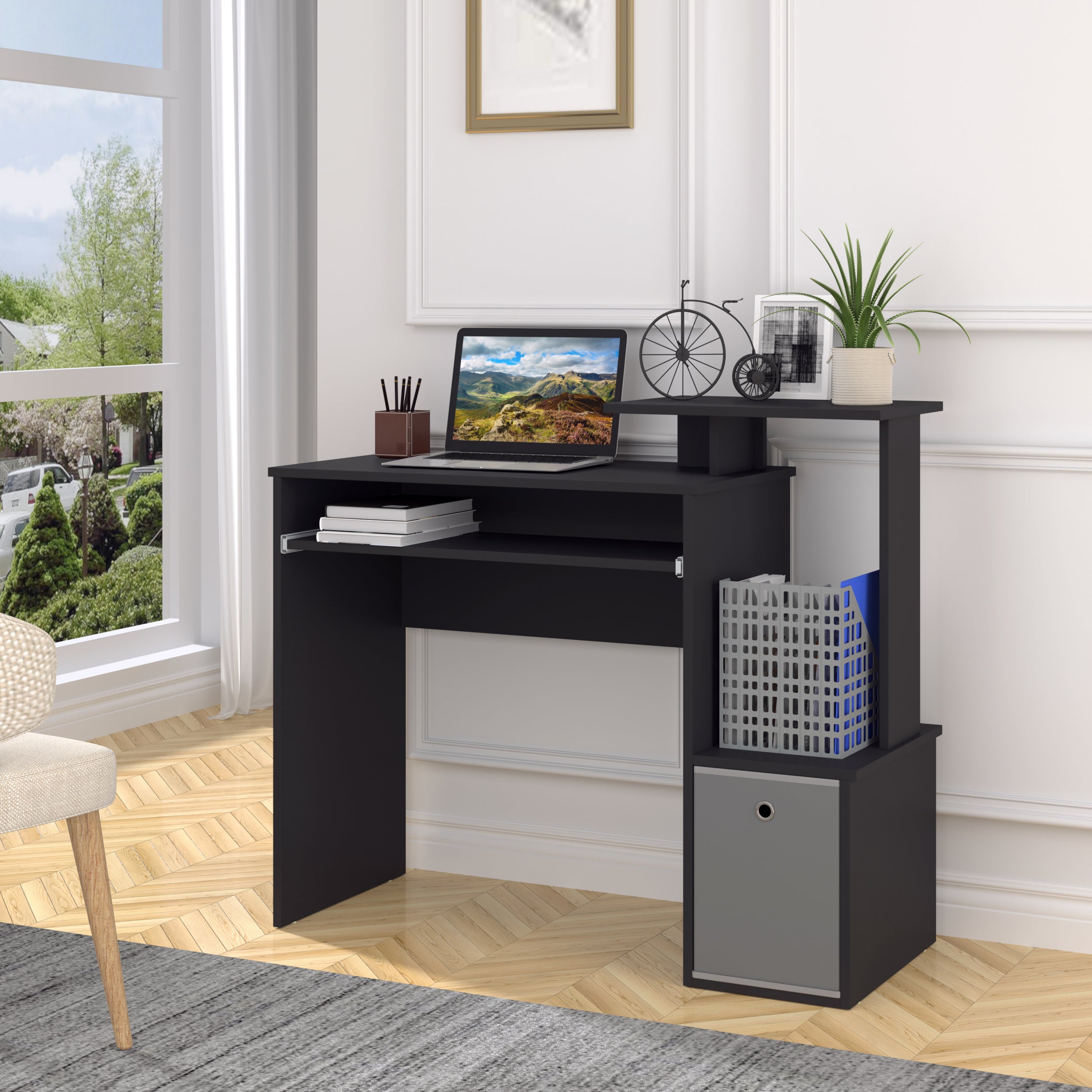 Computer Desk with Keyboard Tray - Black Home Office Desk with Storage