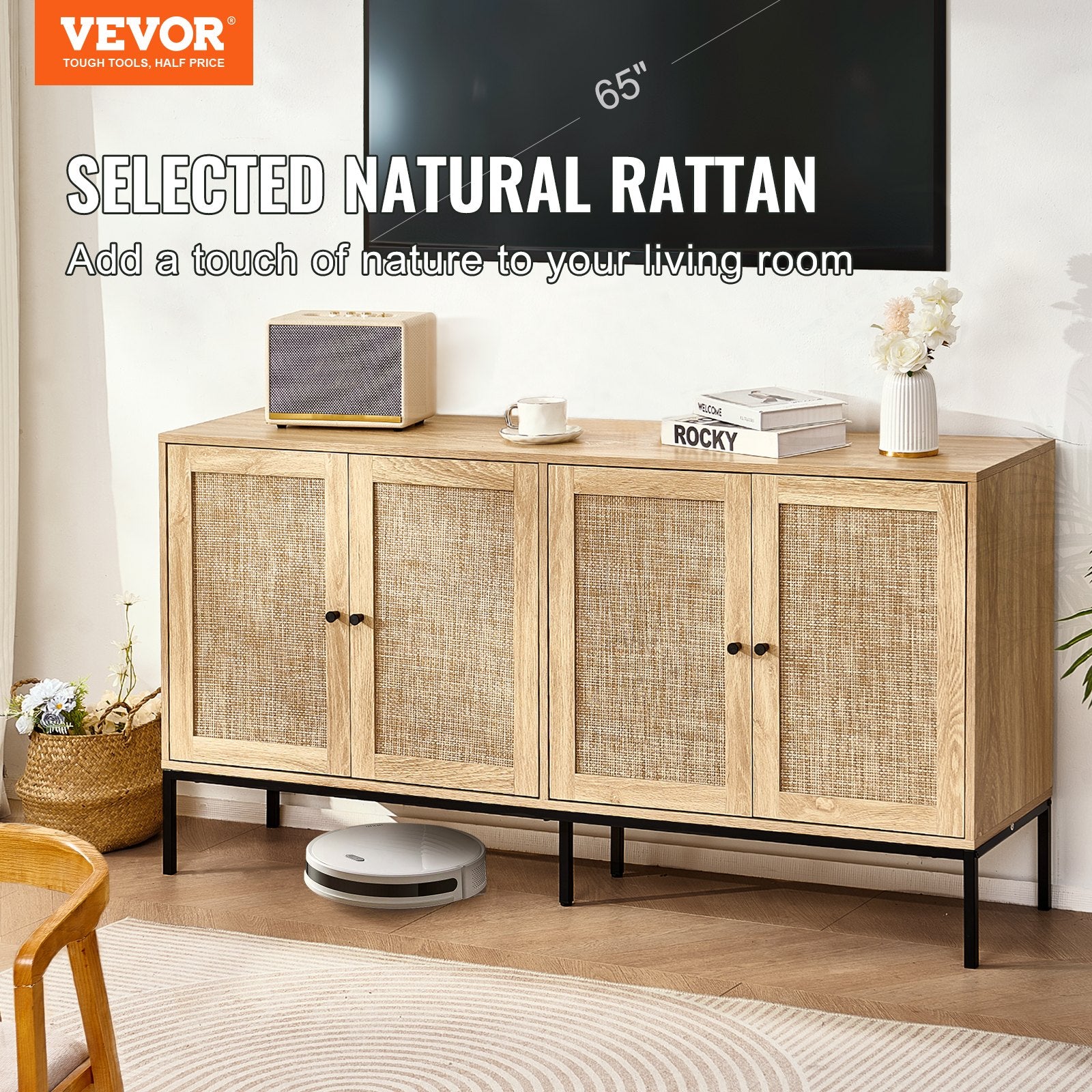 Rattan Cabinet, Rattan Storage Cabinet With 4 Magnetic Doors And Adjustable Shelves