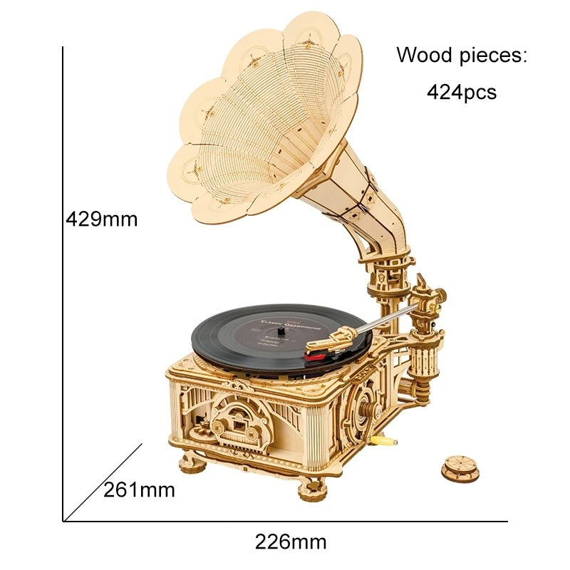 DIY Hand Crank Classic Gramophone Wooden Puzzle