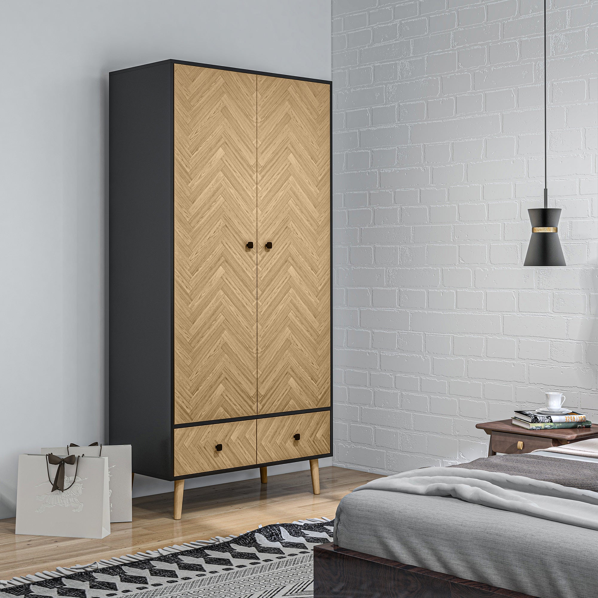 Modern Wardrobe Cabinet Wood Grain Sticker Surface With Shelf