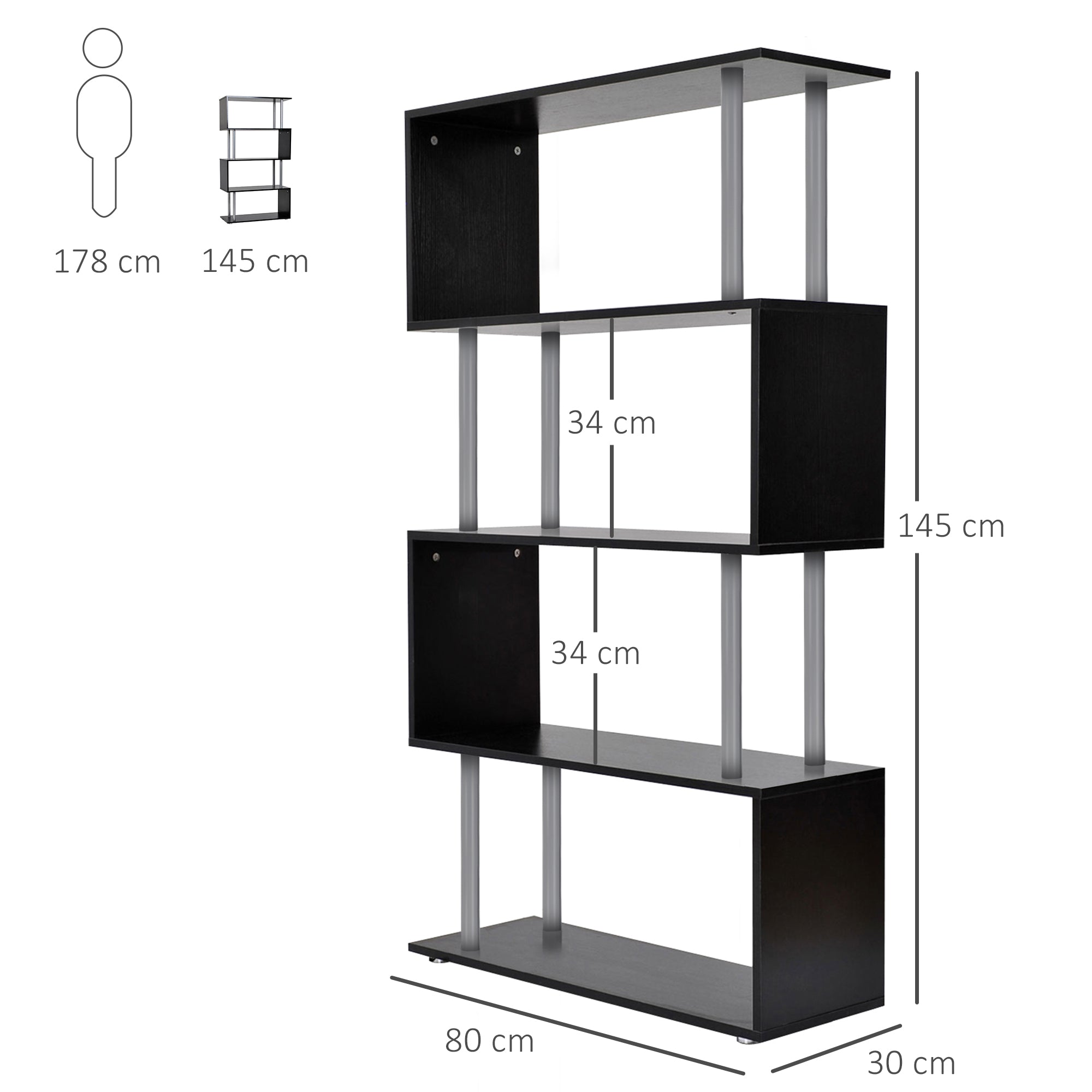 S Shape Bookcase, 5 Tiers Bookshelf, Modern Freestanding Storage Shelf For Home Office,