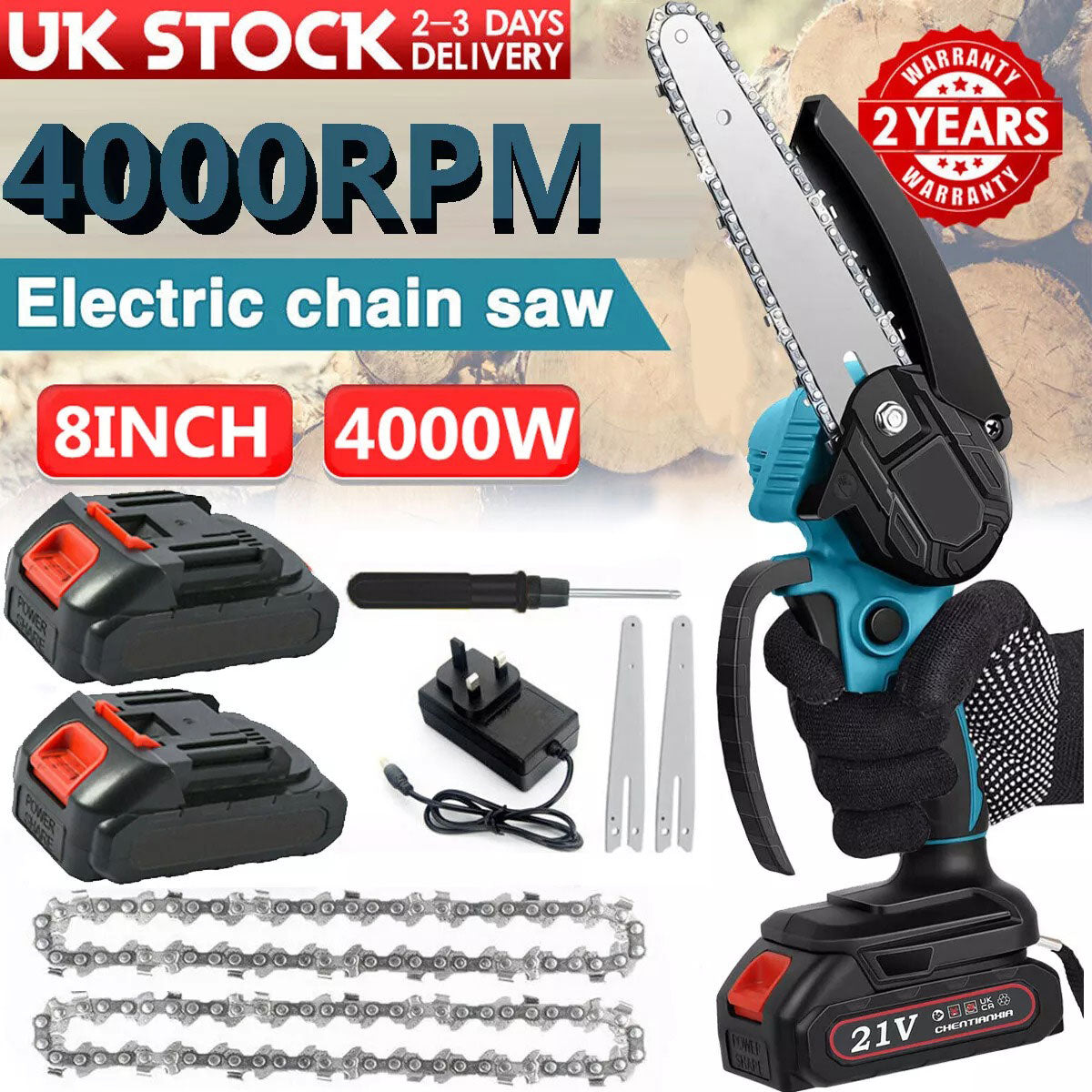 8-Inch Cordless Chainsaw 2 Batteries 21V Li-ion Battery And Charger