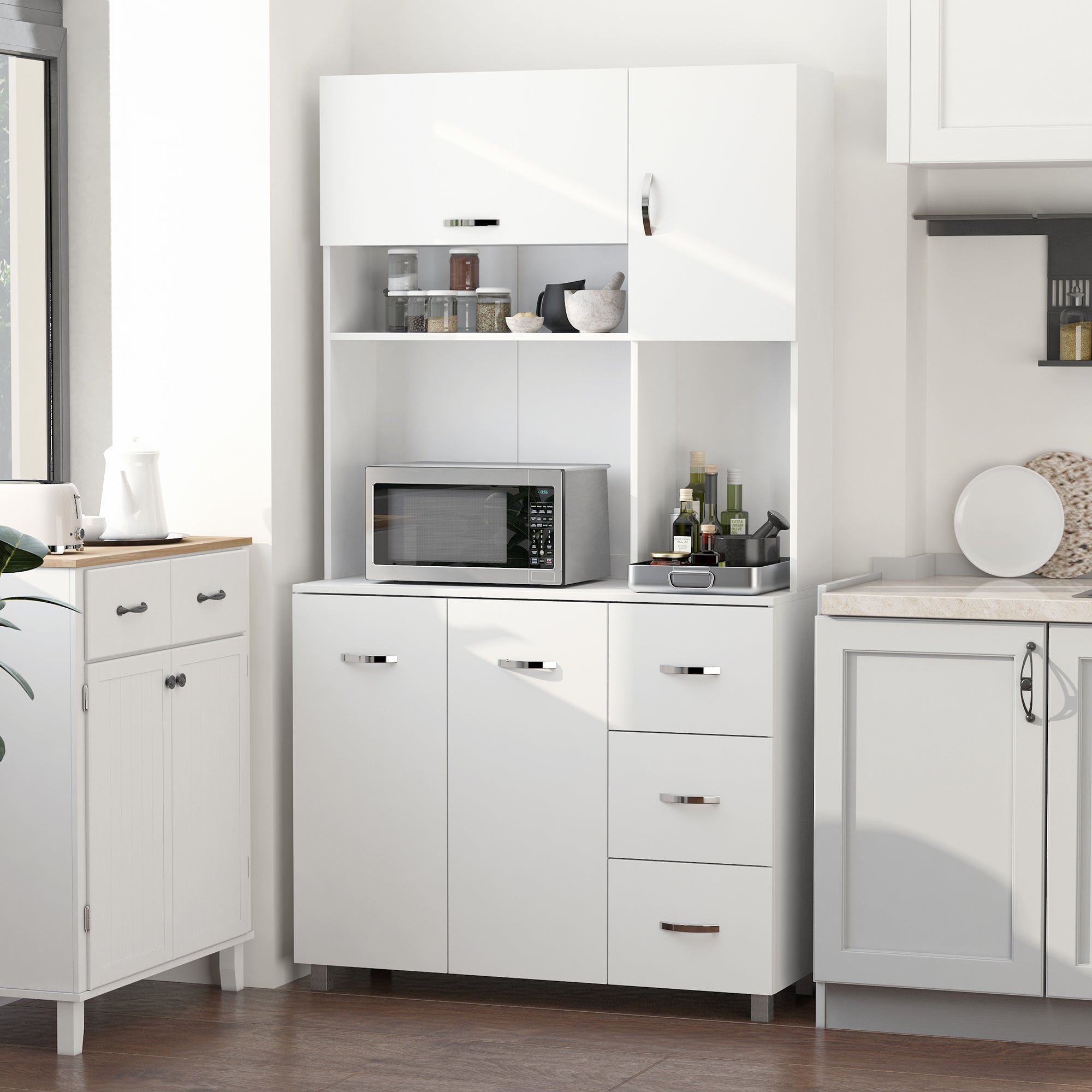 Kitchen Cupboard, 183cm Tall Storage Cabinet With Countertop, Sideboard With 3 Small Drawers,