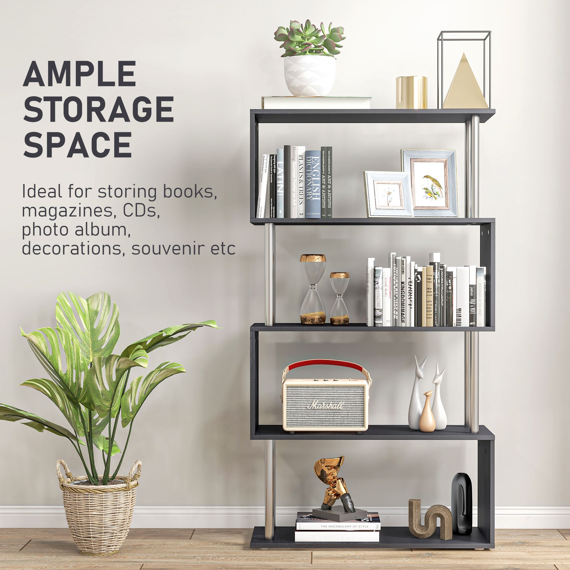 S Shape Bookcase, 5 Tiers Bookshelf, Modern Freestanding Storage Shelf For Home Office,