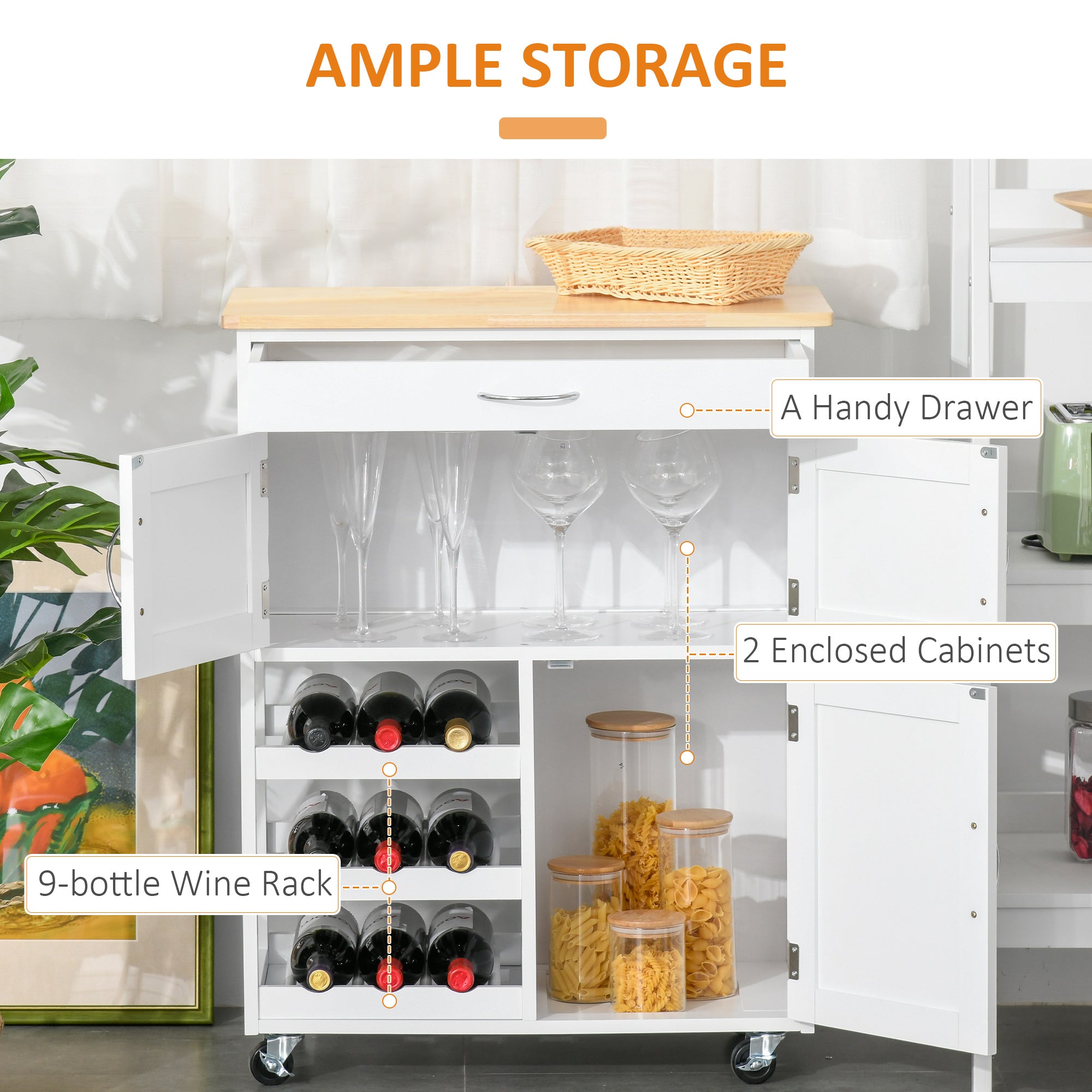 Modern Kitchen Trolley, Rolling Island Storage Cart With Drawer, 9-bottle Wine Rack, Door Cabinets, Wooden Countertop