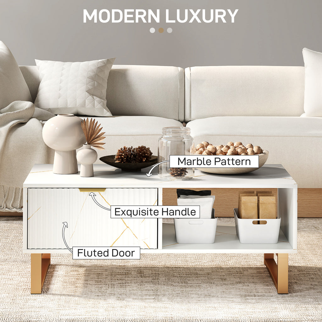 Elegant Marble Effect Storage Coffee Table - White