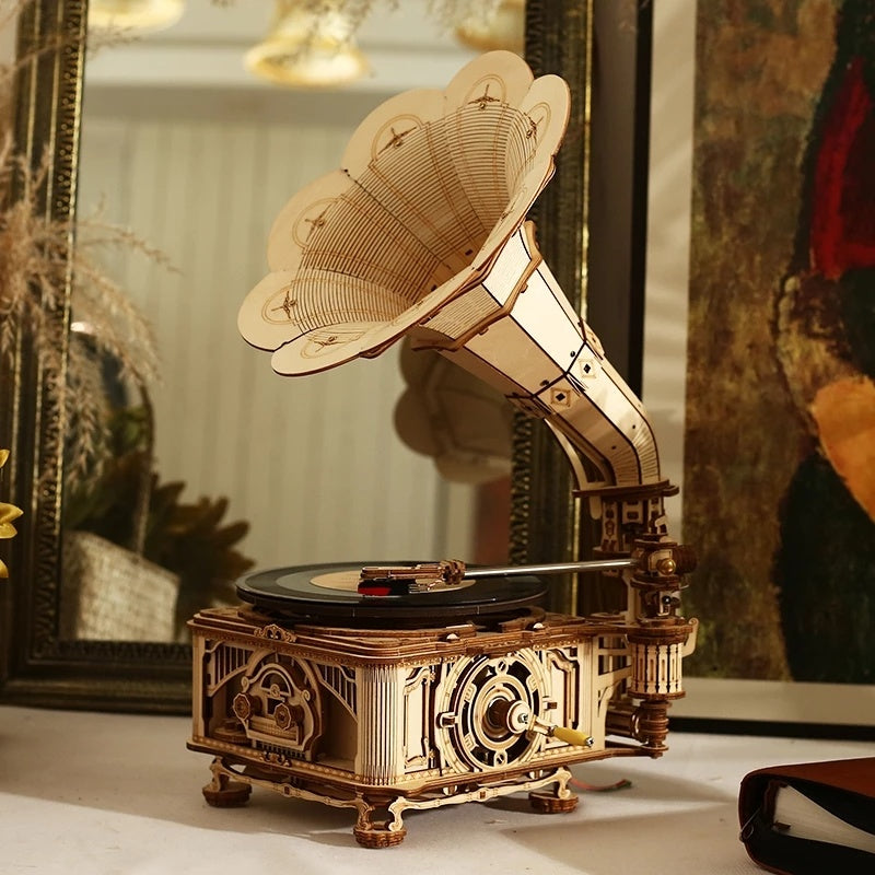 DIY Hand Crank Classic Gramophone Wooden Puzzle