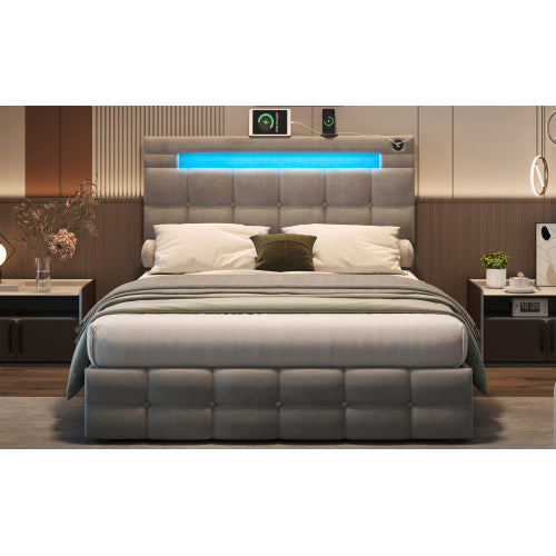 4ft6 Double Upholstered Bed Frame With Hydraulic Storage, Velvet Ottoman Bed With LED Lighting And Charging Station, Double Bed With Adjustable Button Tufted Headboard, Beige