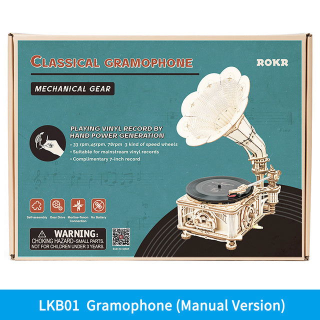 DIY Hand Crank Classic Gramophone Wooden Puzzle