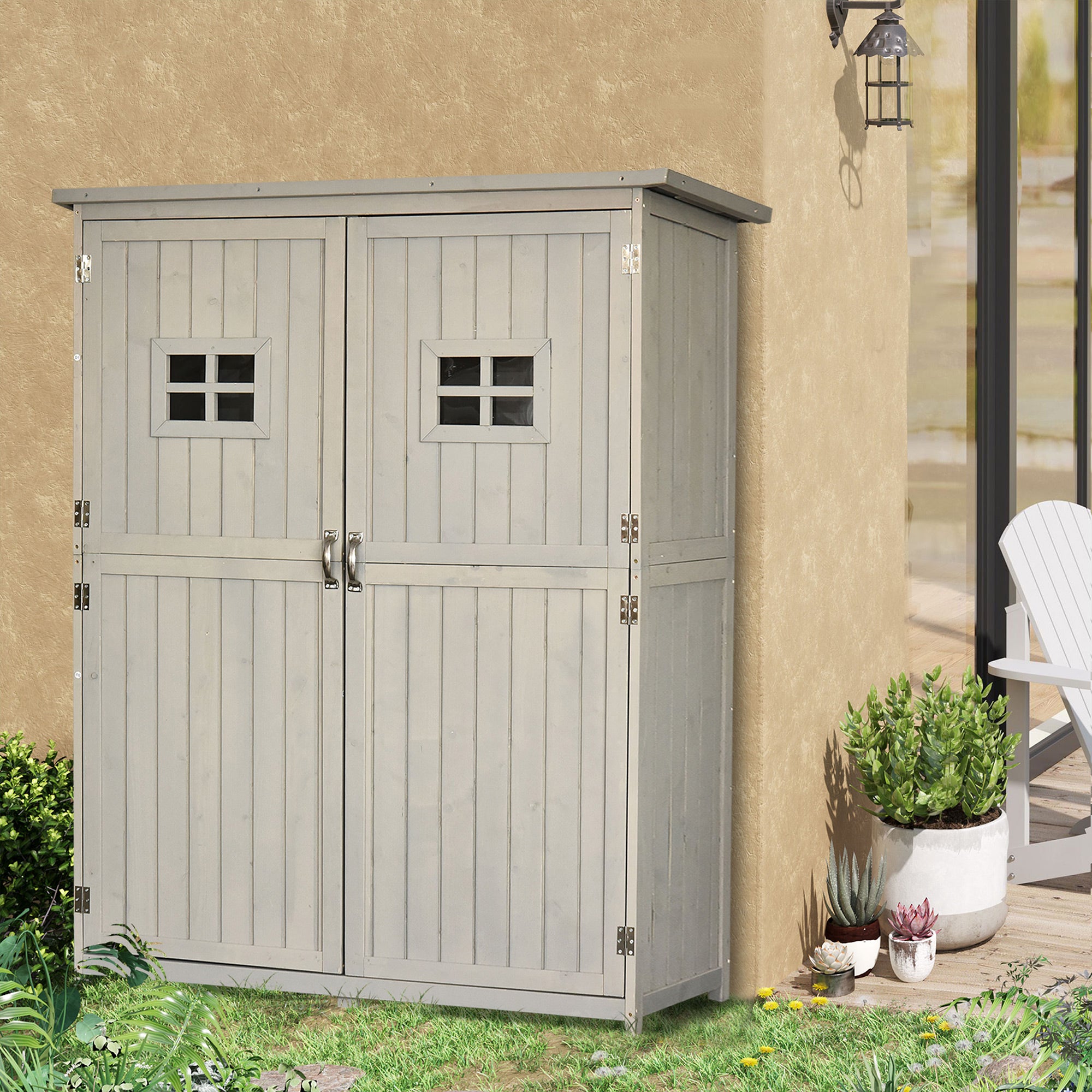 Wooden Garden Shed With Two Windows, Tool Storage Cabinet, Outdoor Double Door Organizer.