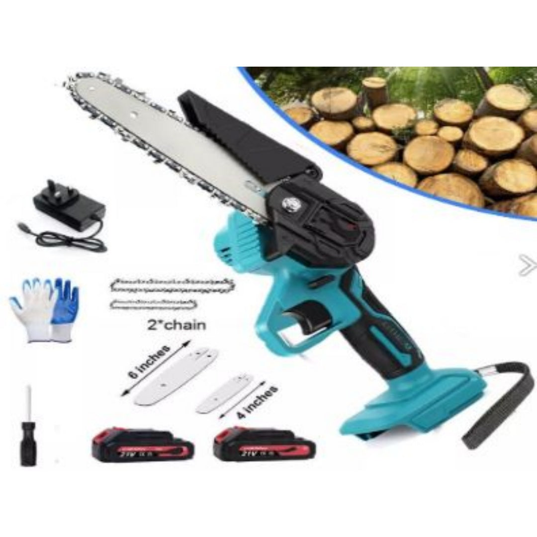 2 Batteries 6'' 4000W Mini Cordless Chainsaw Electric One-Hand Saw Wood Cutter