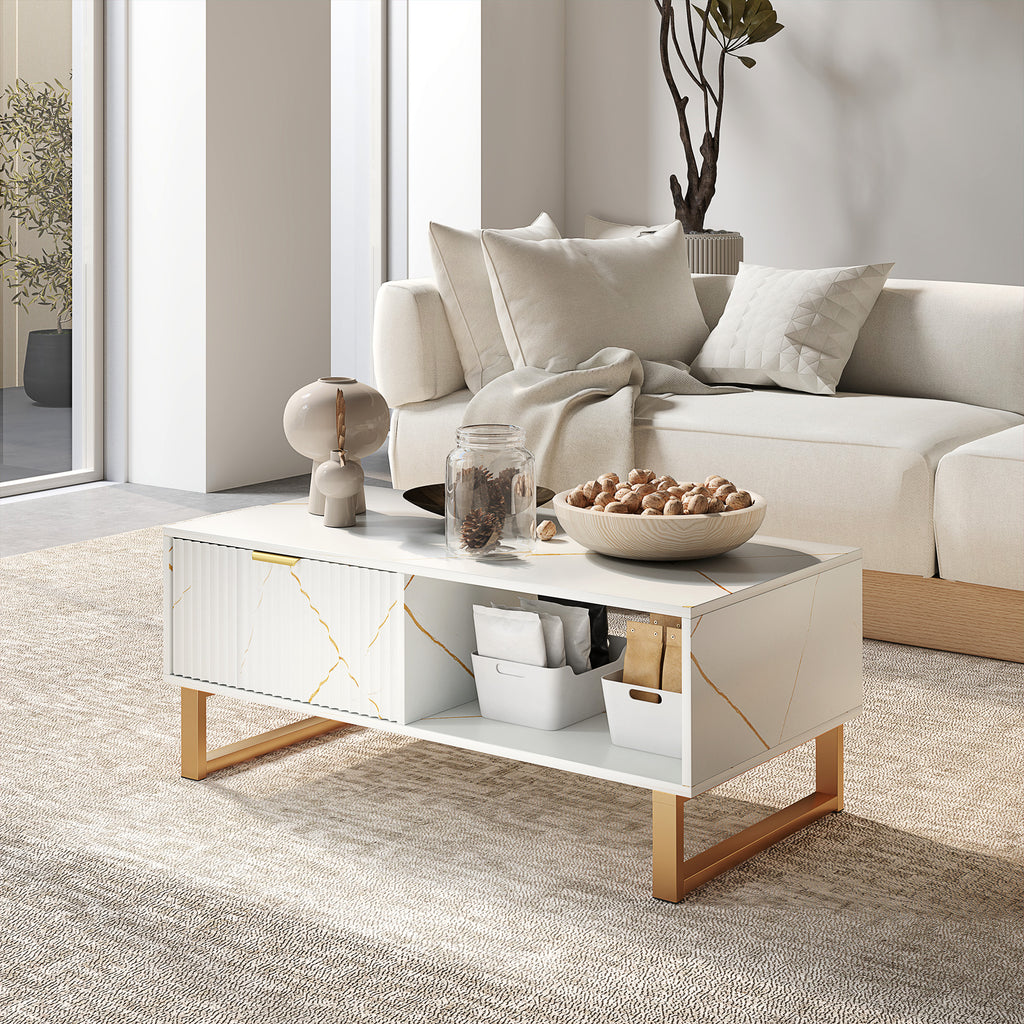 Elegant Marble Effect Storage Coffee Table - White