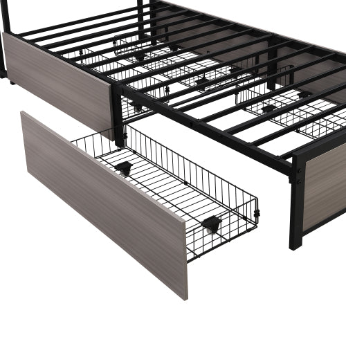 Metal Bed, 3FT Single Bed 90x190cm, With LED Light Strip And 4 Drawerss, 2 USB Port 1 Type C, Durable And Sturdy, Youth Bed, For Adults  Teenagers, Multifunctional Bed, Wrought Iron Bed, Grey