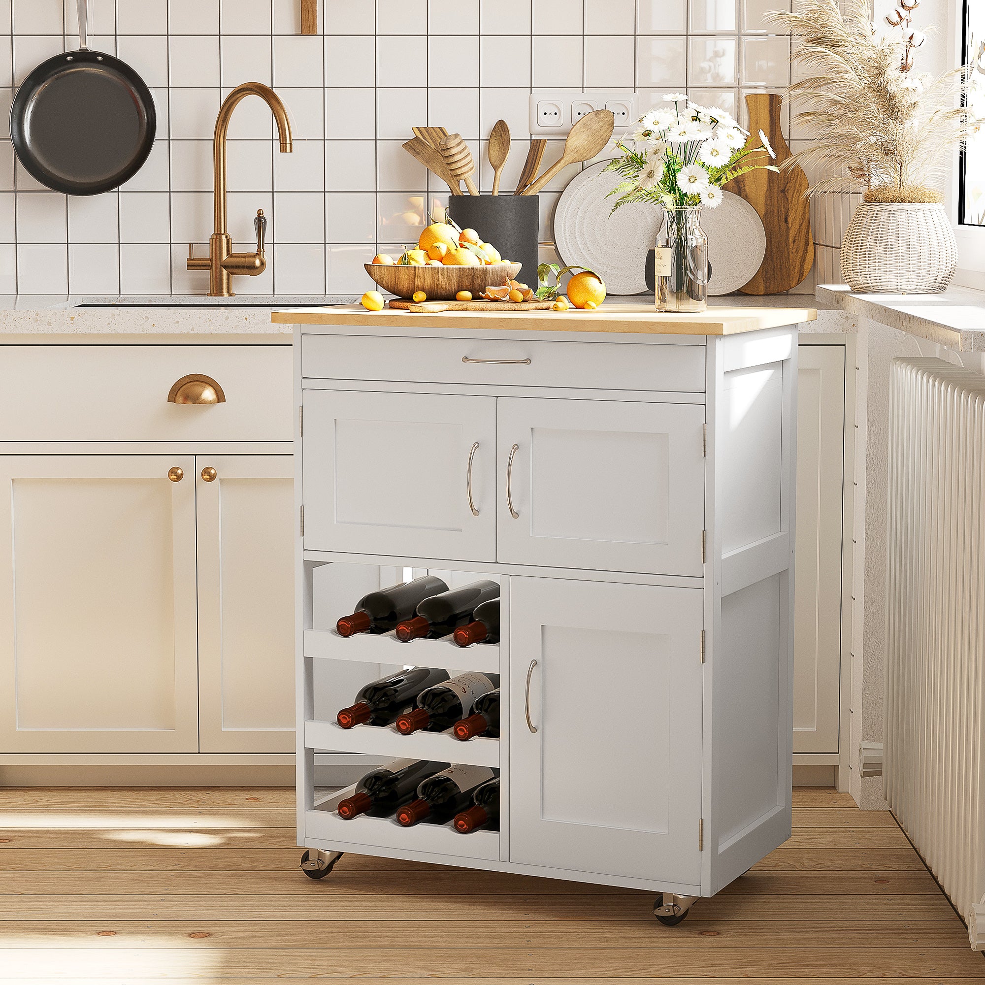 Modern Kitchen Trolley, Rolling Island Storage Cart With Drawer, 9-bottle Wine Rack, Door Cabinets, Wooden Countertop