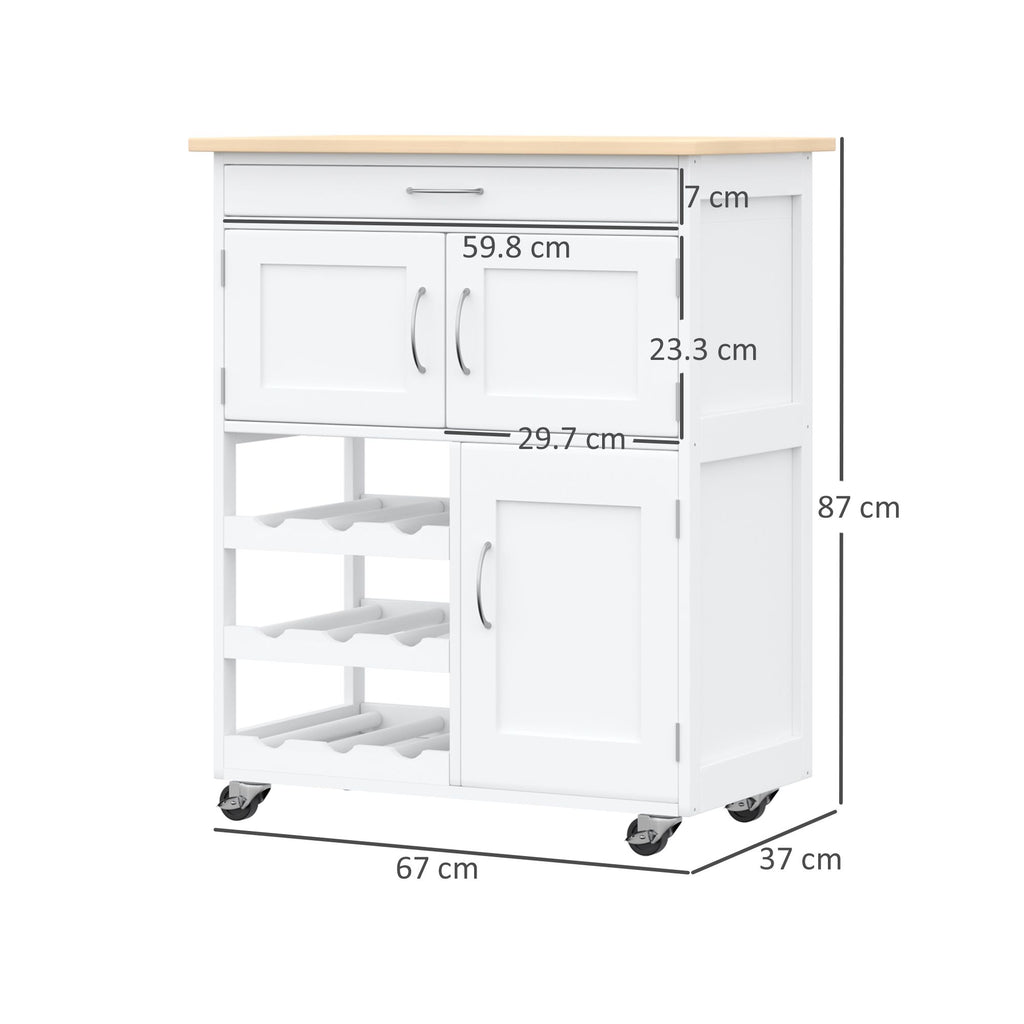 Modern Kitchen Trolley, Rolling Island Storage Cart With Drawer, 9-bottle Wine Rack, Door Cabinets, Wooden Countertop
