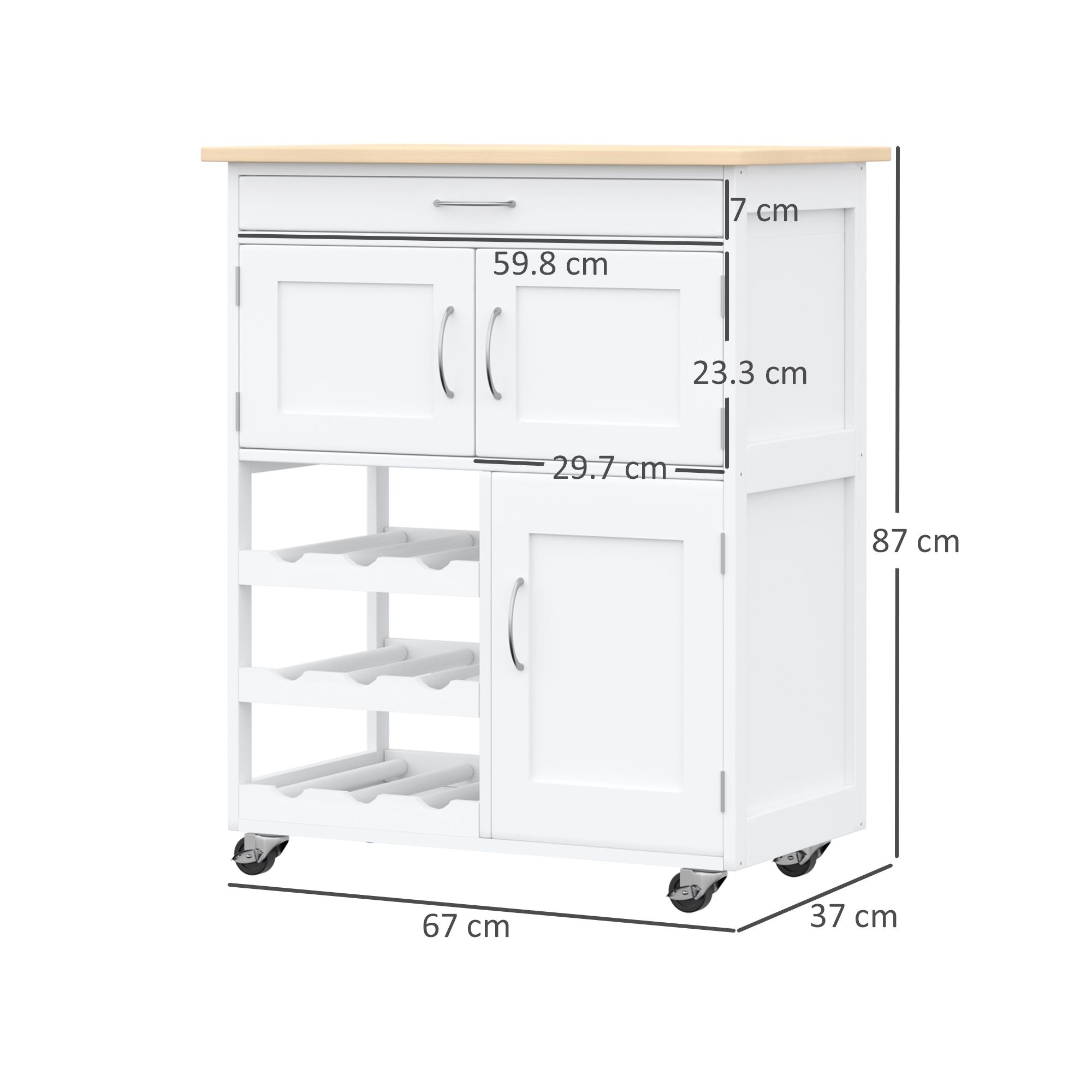 Modern Kitchen Trolley, Rolling Island Storage Cart With Drawer, 9-bottle Wine Rack, Door Cabinets, Wooden Countertop