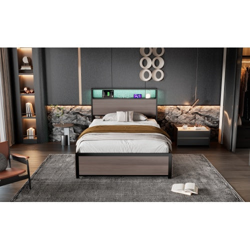 Metal Bed, 3FT Single Bed 90x190cm, With LED Light Strip And 4 Drawerss, 2 USB Port 1 Type C, Durable And Sturdy, Youth Bed, For Adults  Teenagers, Multifunctional Bed, Wrought Iron Bed, Grey