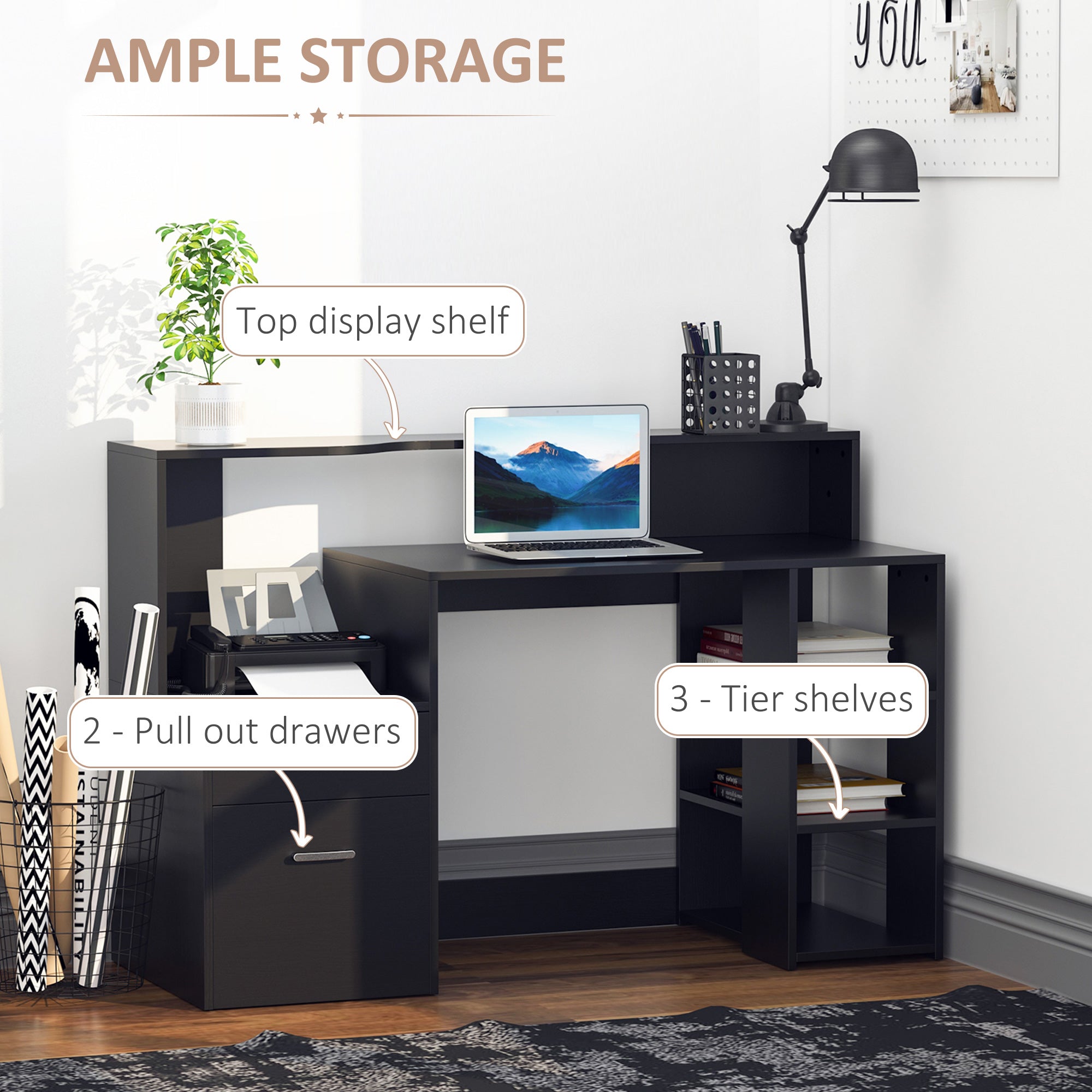 Computer Desk with Drawers & Shelves - Home Office Workstation
