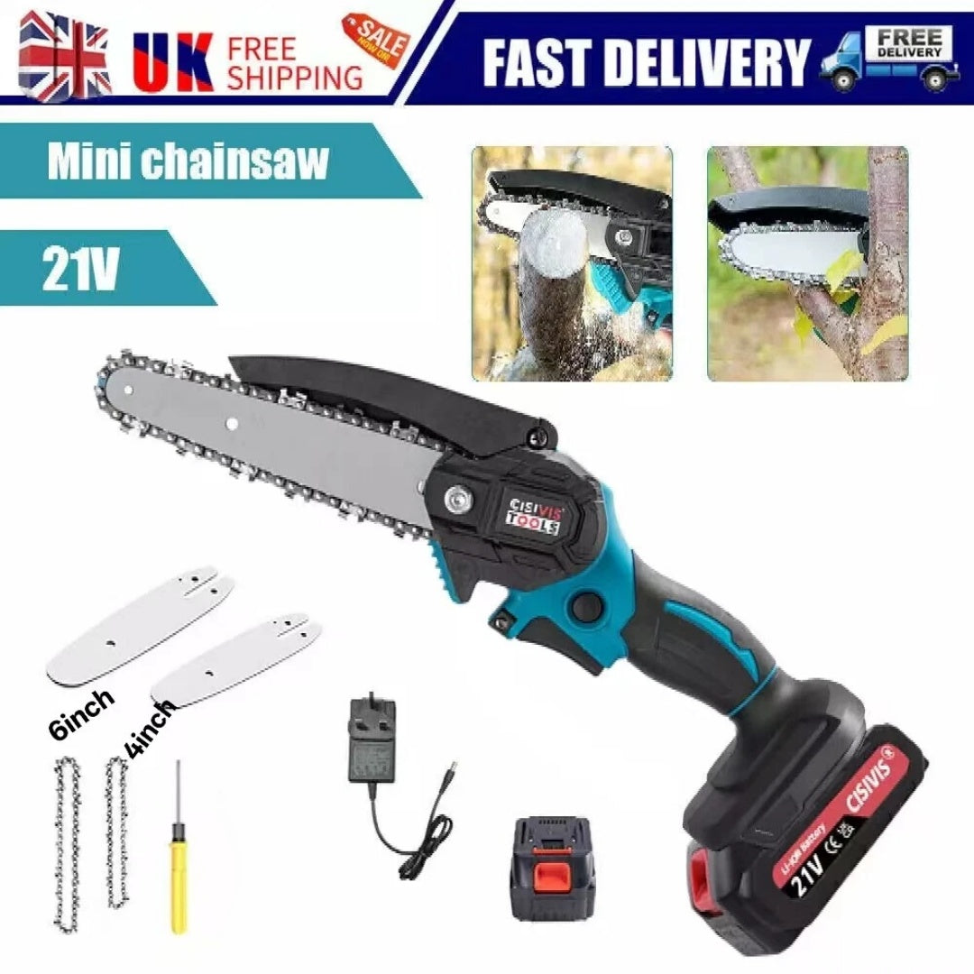 2 Batteries 6'' 4000W Mini Cordless Chainsaw Electric One-Hand Saw Wood Cutter