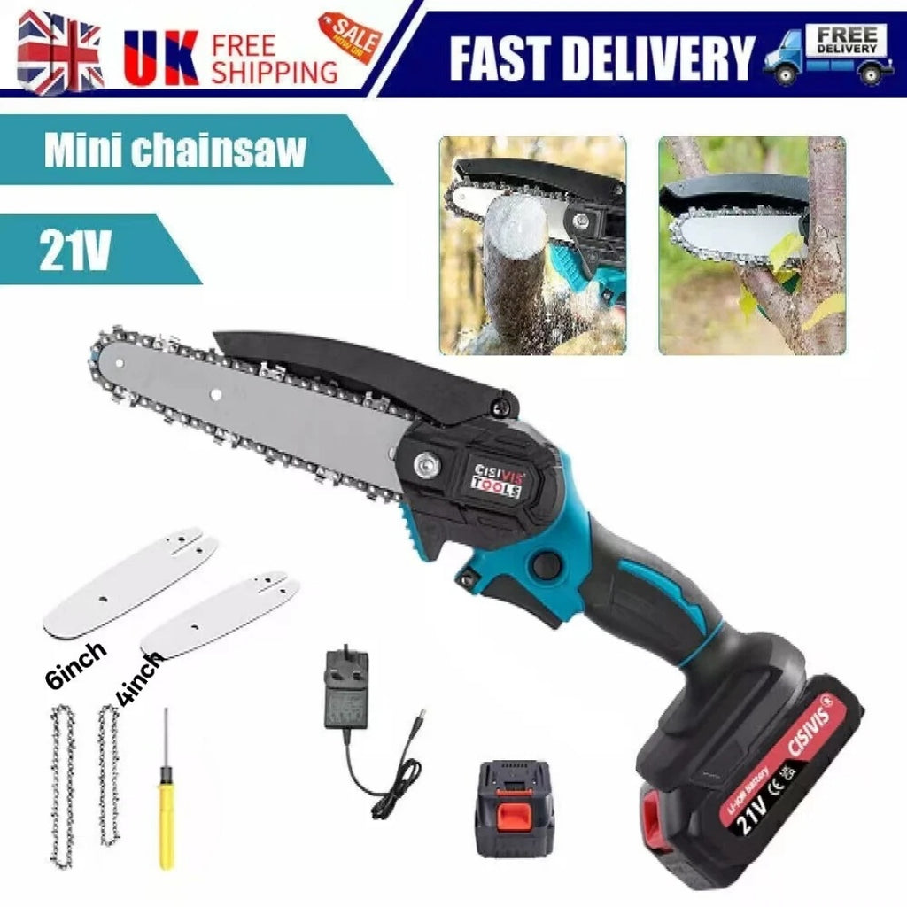 2 Batteries 6'' 4000W Mini Cordless Chainsaw Electric One-Hand Saw Wood Cutter